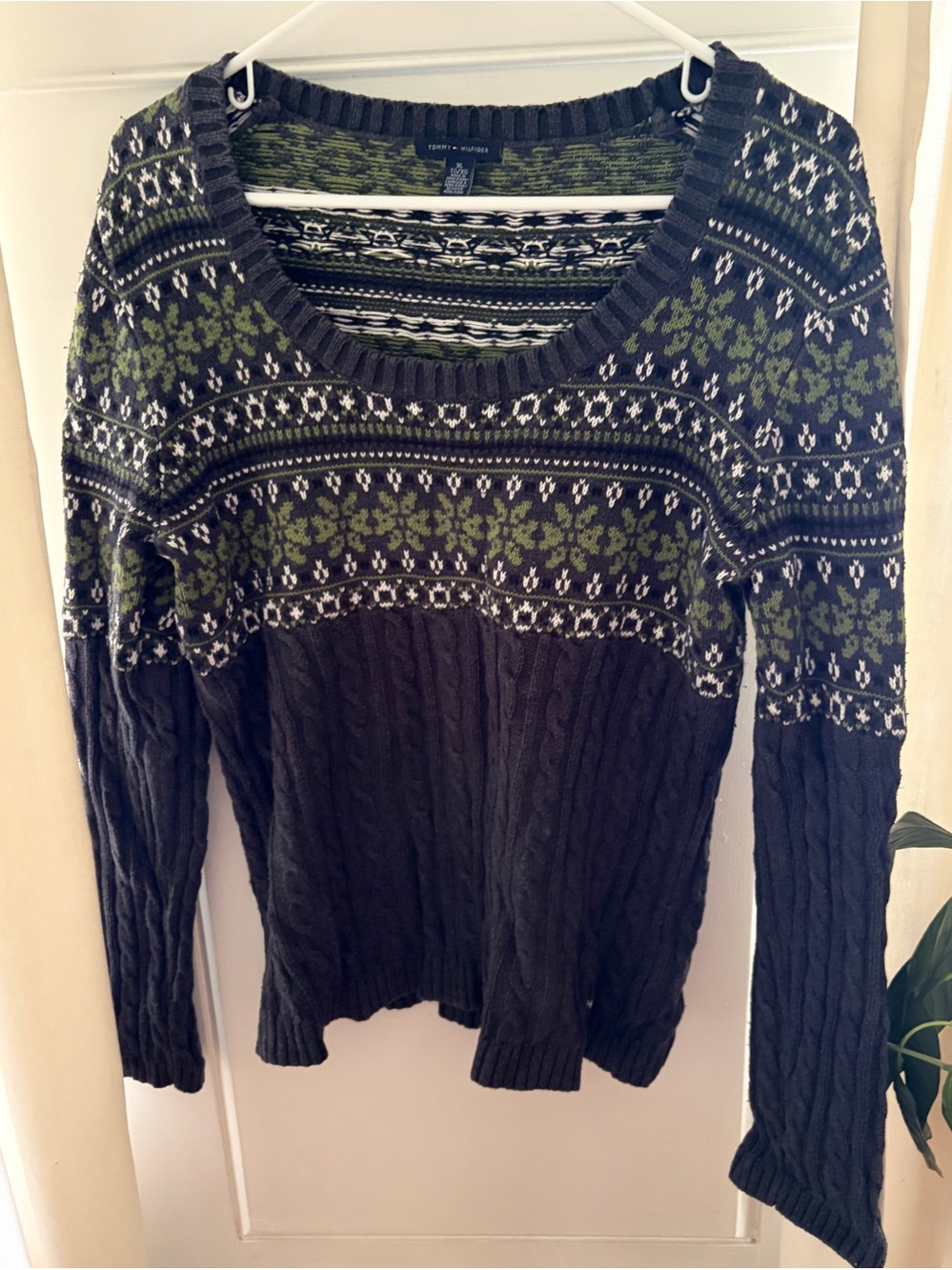 Tommy Hilfiger Sweater Womens Gray Green White Cable Knit Size XL
